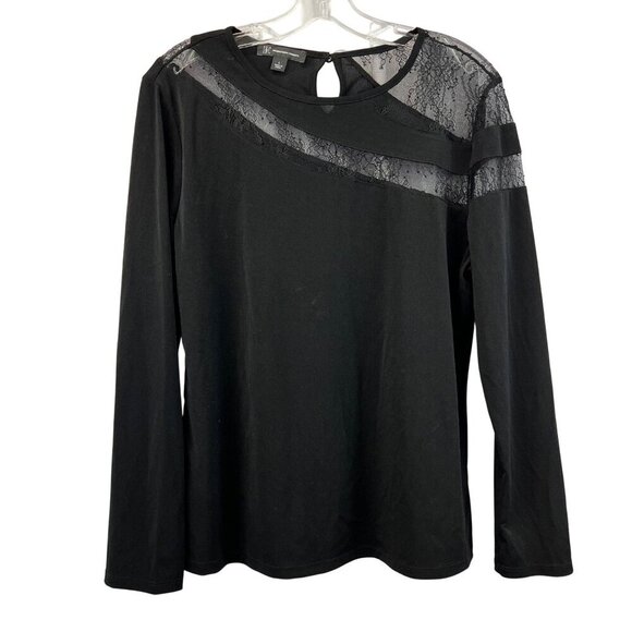 INC Women’s Lace Trimmed Long Sleeve Top Black Size Large Keyhole - Picture 1 of 8